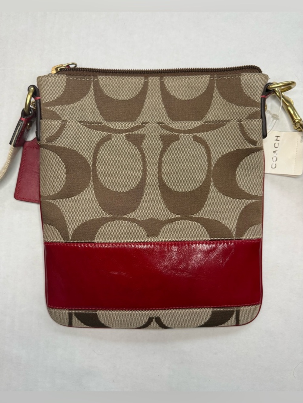 NWT Coach Signature Brown Canvas Crossbody Burgundy Red Stripe Leather Bag - Picture 2 of 8